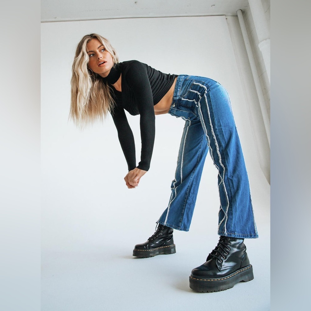 Princess Polly Roberta Distressed Straight Leg Denim Jean Faux Raw Seam Detail